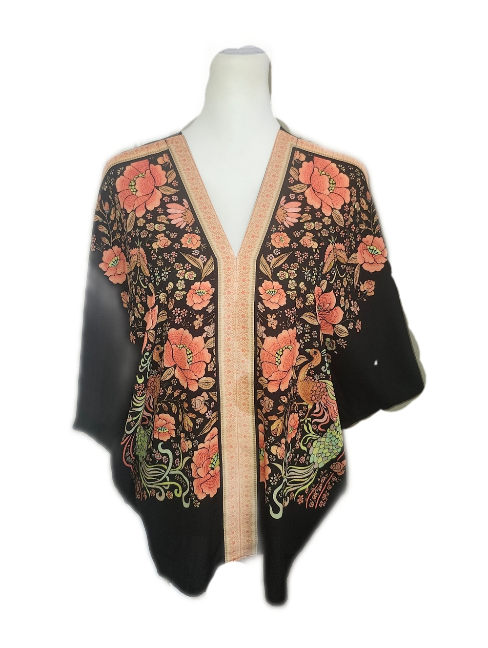 Rose + Olive Deep V-neck Front & Back, Batwing Sleeve, Black & Orange Top, M - Picture 2 of 7
